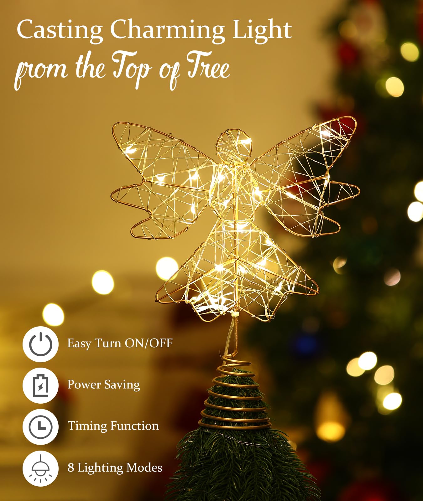 Roylvan Christmas Tree Topper Angel, USB-Powered Christmas Tree Light with Remote & 6H Timer, 3D Hollowed Angel Decoration for Xmas Trees Home Decor Outdoor Party, 9.8 Inch (H), Gold