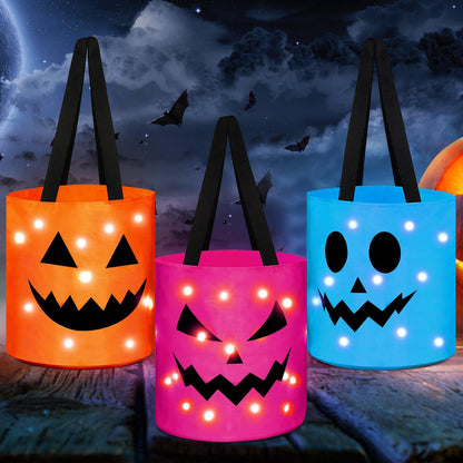 Sadnyy 3 Pcs Halloween Trick or Treat Bags Light up for Kids Pumpkin Candy Bucket LED Halloween Treating Baskets Reusable Goody Tote Bag for Party Favor Supplies(Pink, Blue, Orange)