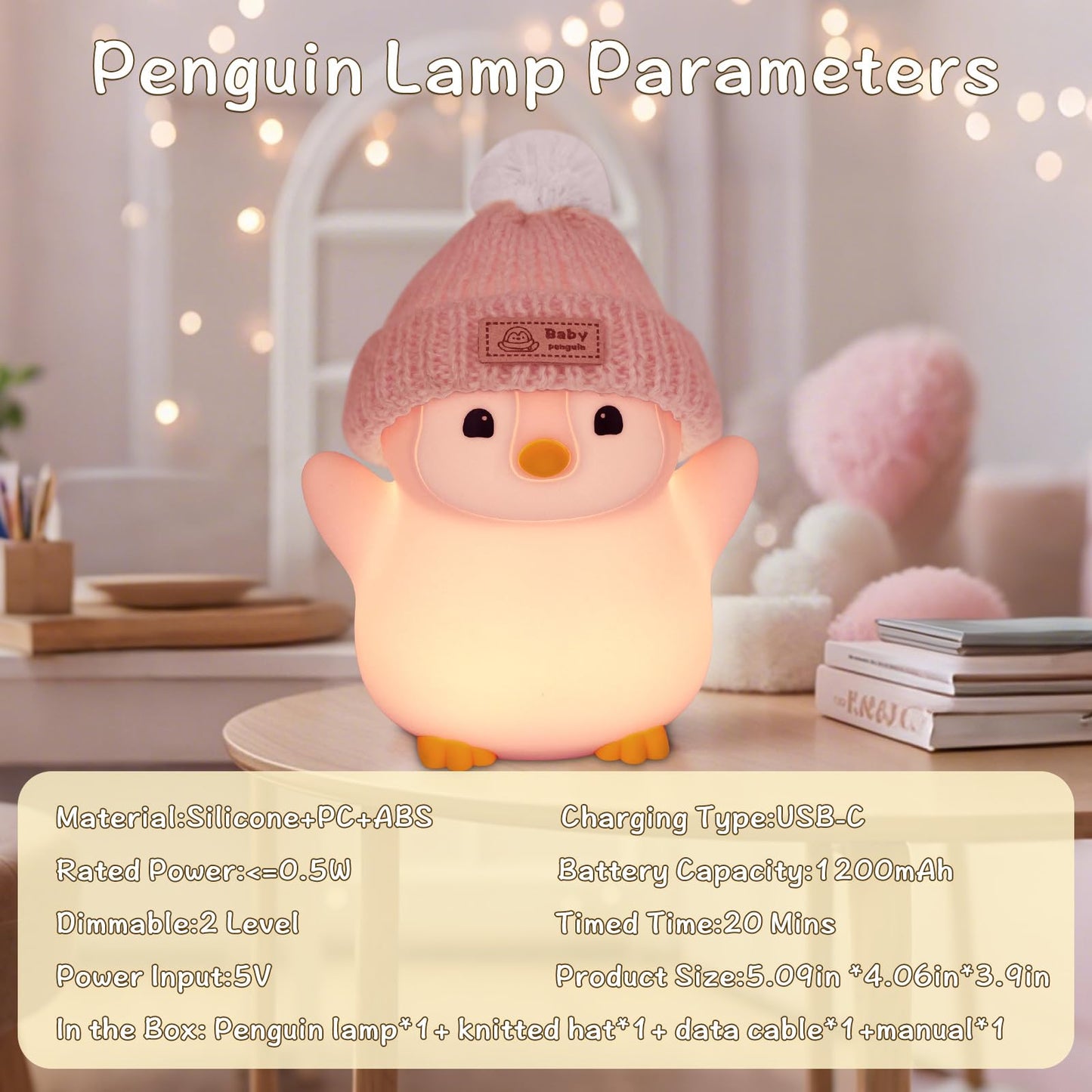 FAMIDUO Penguin Night Light, Cute Pink Penguin Lamp with Knit Hat, Soft Silicone Nursery Nightlight for Baby, Rechargeable/Dimmable/Timer,LED Squishy Novelty Animal Bedside Lamp,Funny Gifts for Kids