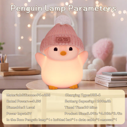 FAMIDUO Penguin Night Light, Cute Pink Penguin Lamp with Knit Hat, Soft Silicone Nursery Nightlight for Baby, Rechargeable/Dimmable/Timer,LED Squishy Novelty Animal Bedside Lamp,Funny Gifts for Kids