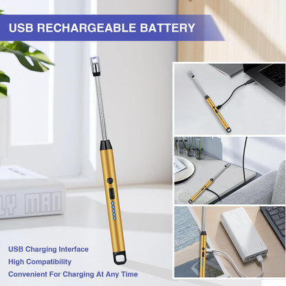 2 PCS Candle Lighter, Lighters for Candle Arc Windproof Flameless with 360° Flexible Neck & LED Power Display, Electric Lighter for BBQ, Grill, Camping, Fireplace, Stove(Gold)