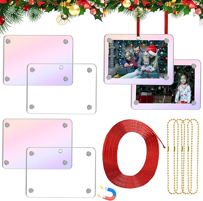 Christmas Photo Ornament Set of 4, 3x2'' Iridescent Acrylic Hanging Picture Frame for Family Photo, Christmas Tree, Holiday Decoration, Multifunctional Magnetic Picture Frames for Car and Fridge Decor