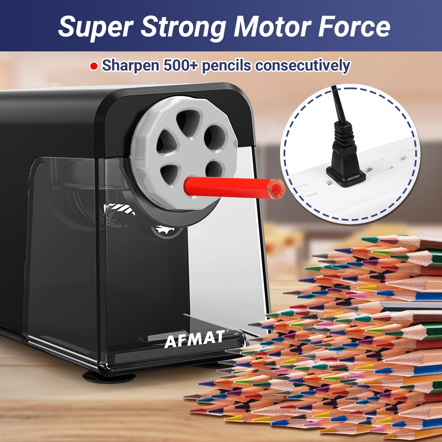 AFMAT Electric Pencil Sharpener Heavy Duty, 6 Holes, Auto Stop Pencil Sharpeners for School, Classroom Electric Sharpener for 6-11mm Pencils, 7000 Sharpening Times, Do not Eat up Colored Pencils, PSX1
