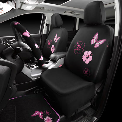 CAR PASS Universal Cloth Butterfly Car Seat Covers Full Set, Embroidered Flower Waterproof Car Floor Mats Carpet, Butterflies Steering Wheel Cover for Car Accessories Interior Sets (Black and Pink)