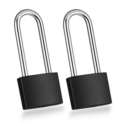 Guliffen 2 Pack Covered Aluminum Padlocks with Key, Black Locker Lock with Long Shackle for Gates, Fences, Toolboxes,