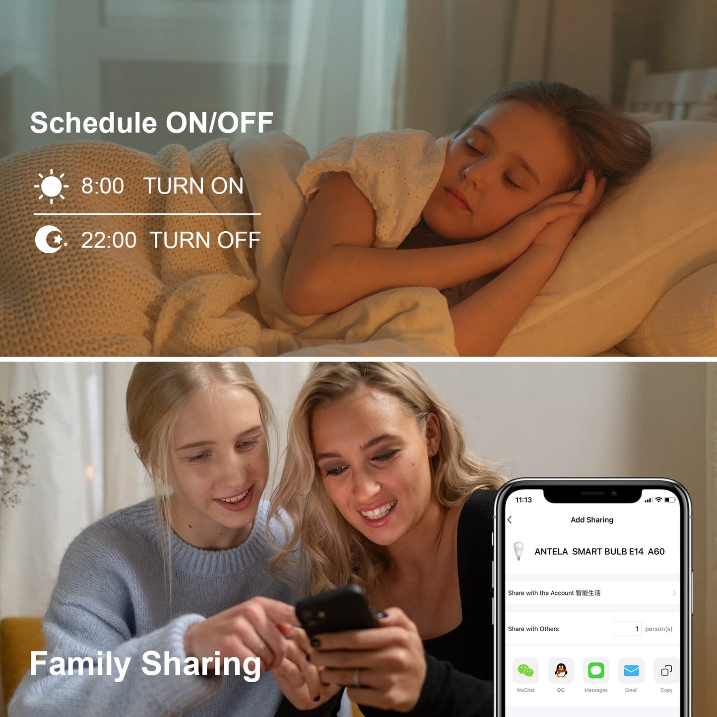 ANTELA Smart Bulb E14 Alexa Light Bulb A60 7W 806LM LED RGB Dimmable Bulb, 2700K-6500K Warm and Cool White, Smart Life App Control, Compatible with Google Home, 2PCS