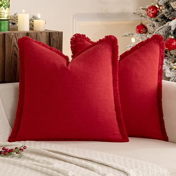 MIULEE Christmas Decorative Throw Pillow Covers Neutral Linen Fringe Throw Pillows Set of 2 Red Boho Farmhouse Cushion Covers with Tassels for Couch Sofa Bed Living Room Spring Home Decor 20x20 Inch