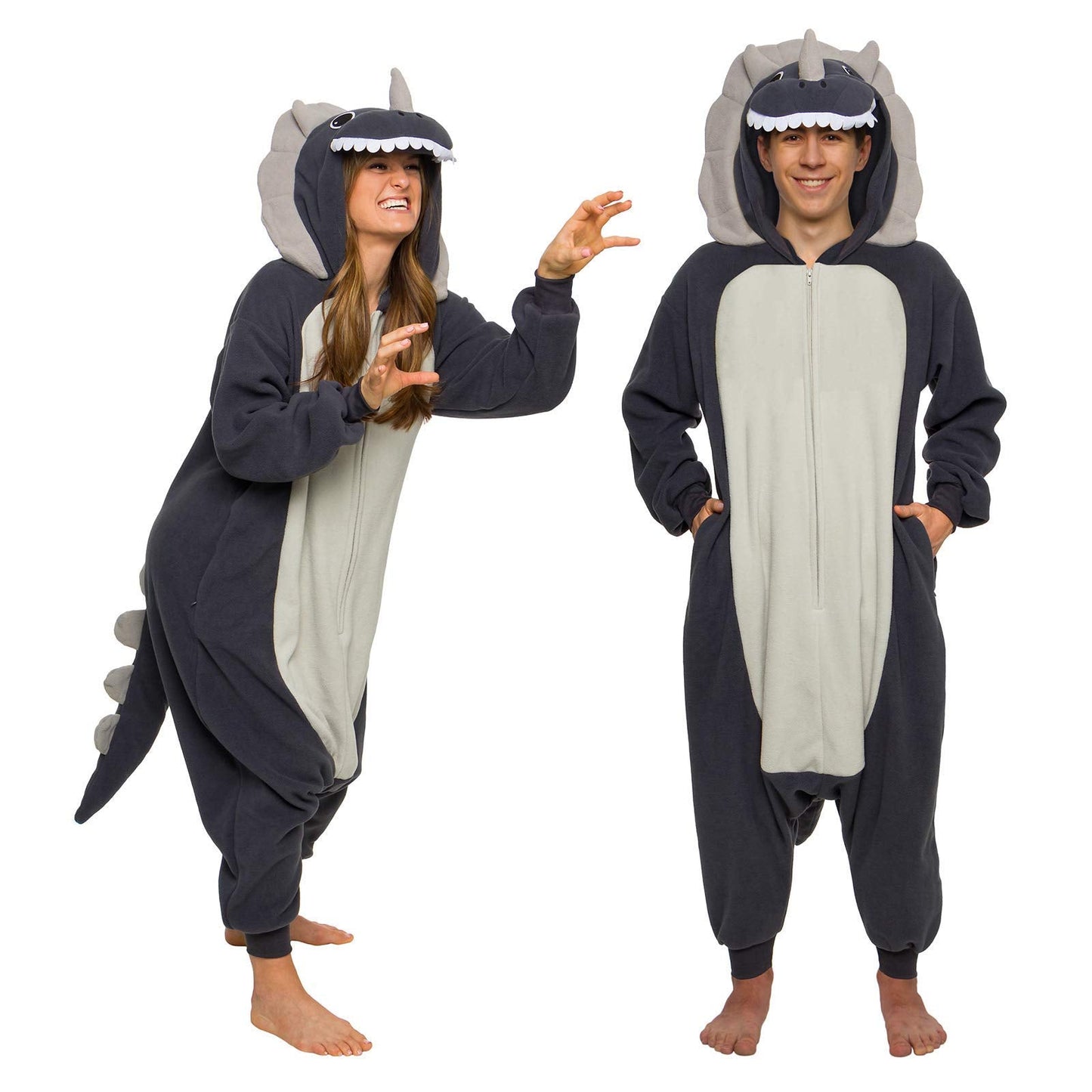 Funziez! Adult Onesie Halloween Costume - Animal Dinosaur Shark - Unisex Plush One Piece Cosplay Suit, Men and Women (Large, Triceratops Grey)