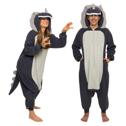 Funziez! Adult Onesie Halloween Costume - Animal Dinosaur Shark - Unisex Plush One Piece Cosplay Suit, Men and Women (Large, Triceratops Grey)