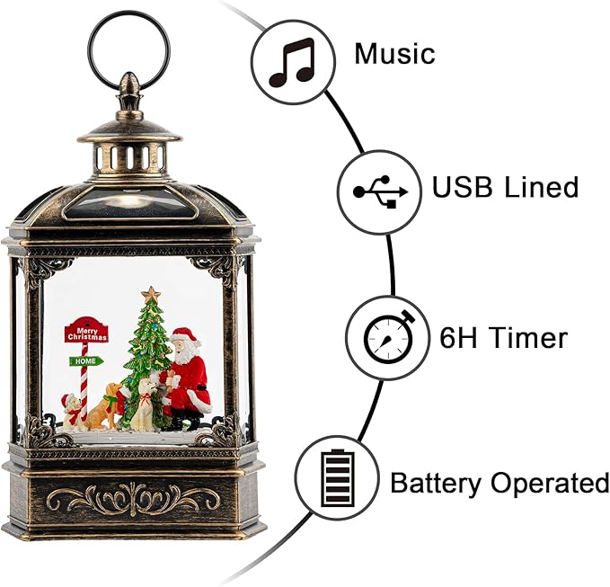 Christmas Snow Globe Lantern Water Glittering Santa Claus & Pups with Music & Timer, USB Lined/Battery Operated Lighted Lantern for Christmas Festival Decoration Gifts
