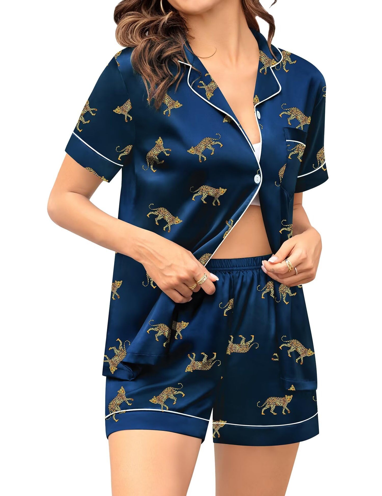 SWOMOG Couple Matching Pajamas Sets Women & Men Button Down Silk Pjs Short Sleeve Soft Lounge Sets 2 Pcs Loungewear