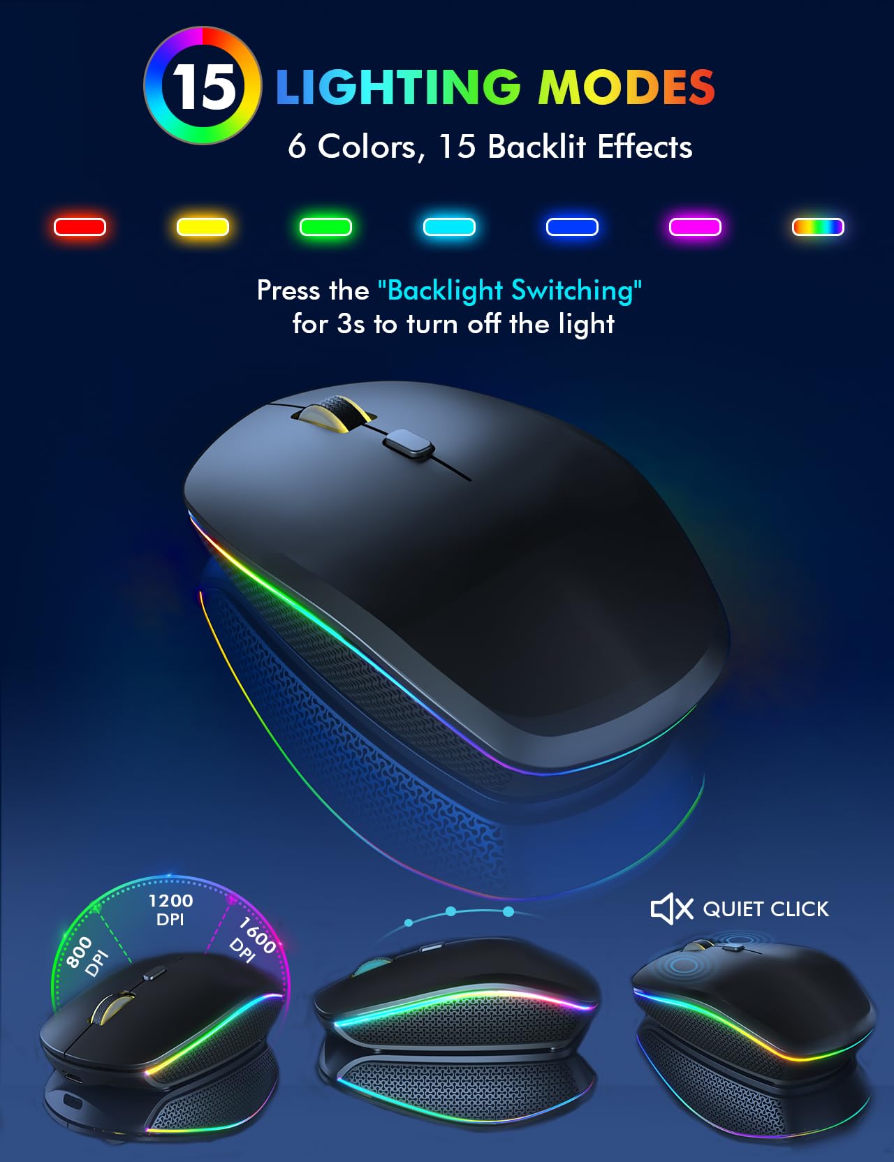 Wireless Keyboard and Mouse Backlight, USB-C Rechargeable & Light Up Keys, Full-size & Tilt Legs, Sleep Mode, 2.4GHz Silent Cordless Keyboard Mouse Combo for Mac OS/Windows/PC/Laptop- Black/QWERTY