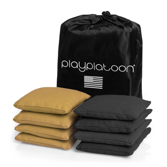 Play Platoon Weather Resistant Cornhole Bags - Set of 8 Regulation Corn Hole Bean Bags - Gold & Black - Durable Duck Cloth Corn Hole Bag for Tossing Game, Includes Tote Bag