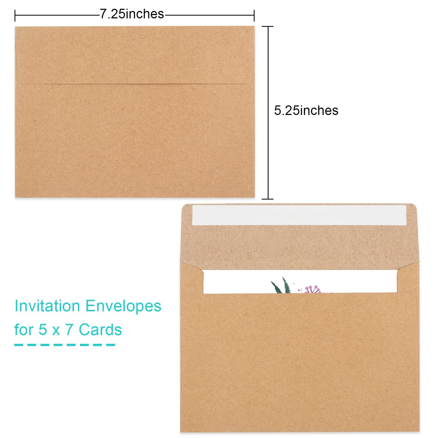50 Pack Brown Kraft Envelopes, 5x7 Envelopes for Invitations, A7 Invitation Envelopes for Personalize Gift Cards, Wedding, Baby Shower, Birthday Party