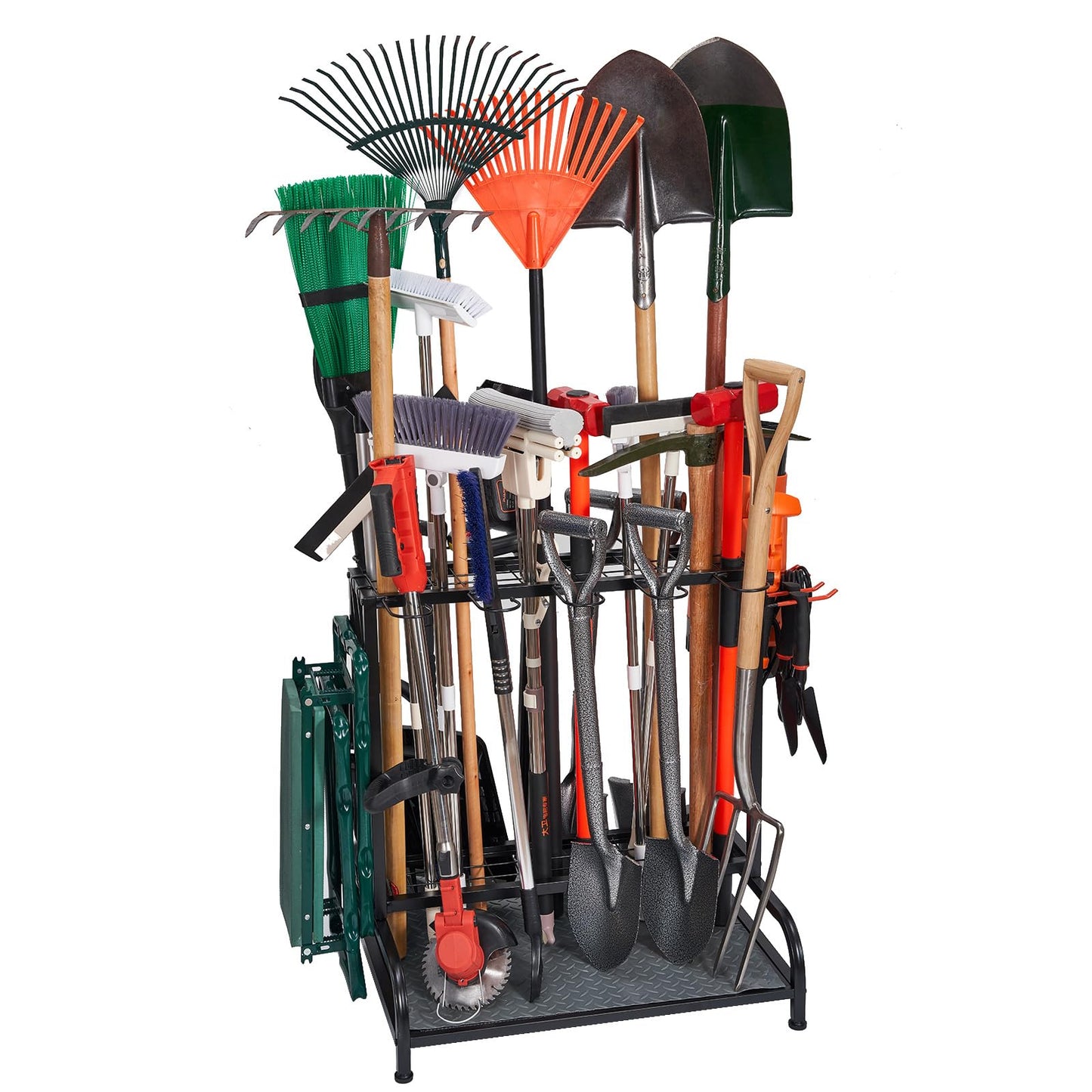 Garden Tool Organizer, Yard Tools Rack Holds 55 Long-Handled Tools/Rakes/Brooms for Garage Organization and Storage, Shed, Outdoor, Lawn, Heavy-Duty Steel, Black, Easy Assembly