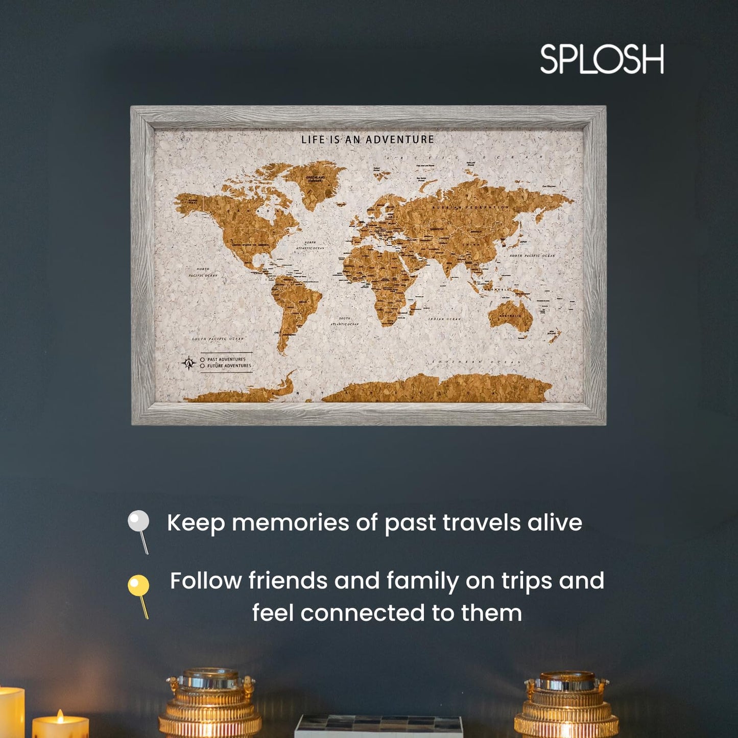 Splosh Framed Travel Map - Grey Small Wooden Pin Board with 100 Pins. Travel Map Cork Board. Wooden World Map, Corkboard Map Travel Gift. Mark your fast & future adventures!