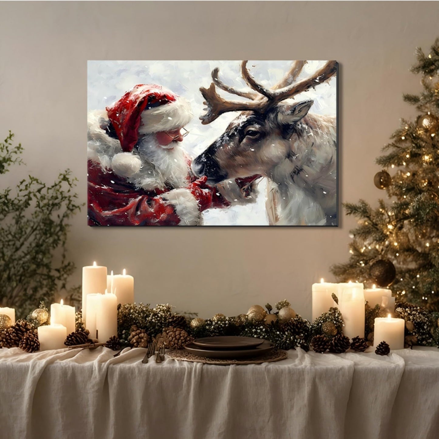 Santa's Reindeer Framed Christmas Canvas Wall Art for Living Room, Winter Pictures Wall Decor Canvas Prints for Bedroom, Santa Christmas Gifts, 8x12 Poster Artwork for Wall Decorations