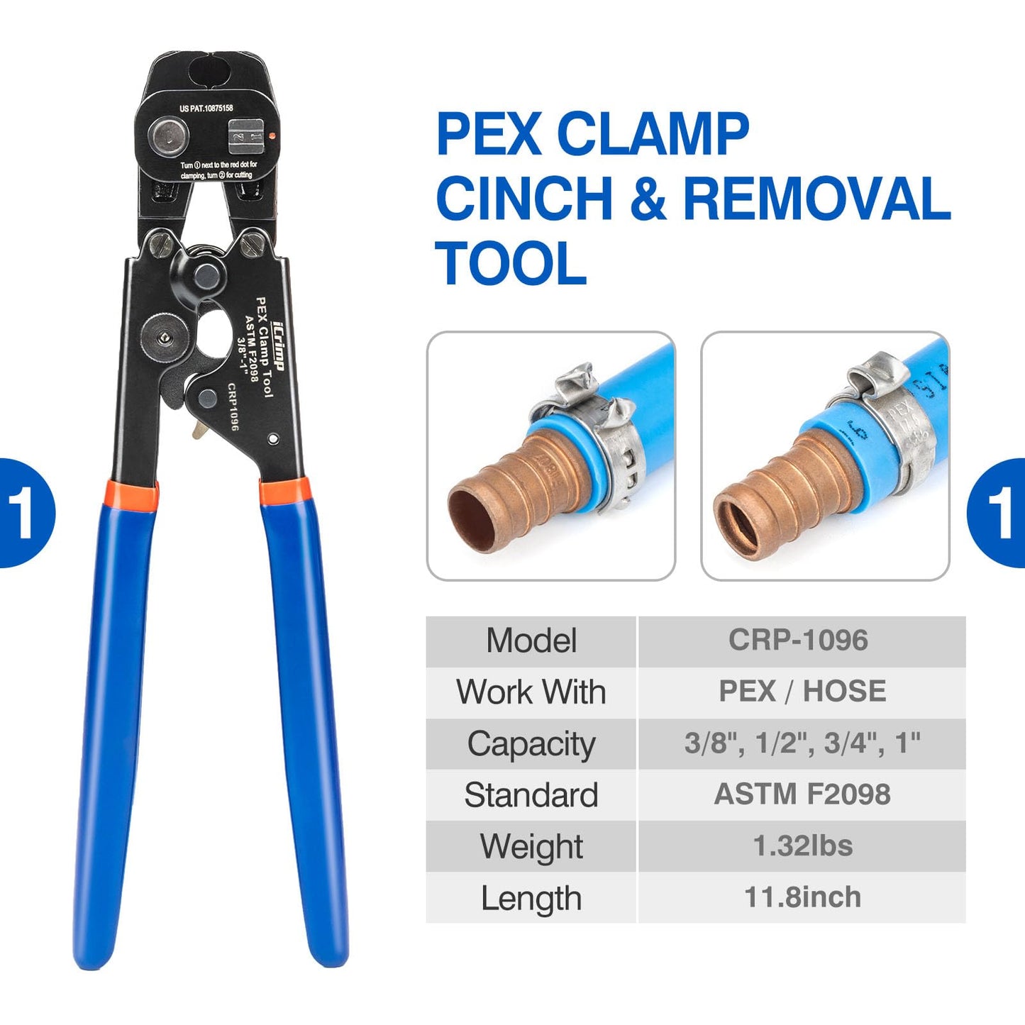 iCrimp PEX Clamp Tool Kit for 3/8-in, 1/2-in, 3/4-in, 1-in PEX Clamp Cinch & Removal, c/w 1/2''(20 Pack) and 3/4''(10 Pack) PEX Clamp Rings, PEX Tubing Cutter