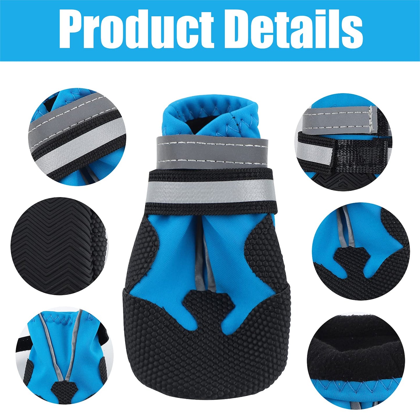 Dog Boots, Set of 4 Waterproof Dog Shoes with Reflective Straps Anti-Slip Sole Outdoor Paw Protectors Puppy Shoes for Small Medium Dogs Autumn Winter (Blue, XL)