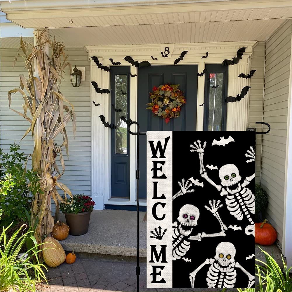 Welcome Halloween Skull Small Garden Flag Vertical Double Sided Burlap 12 x 18 Inches Yard Porch Outdoor Decor DF119