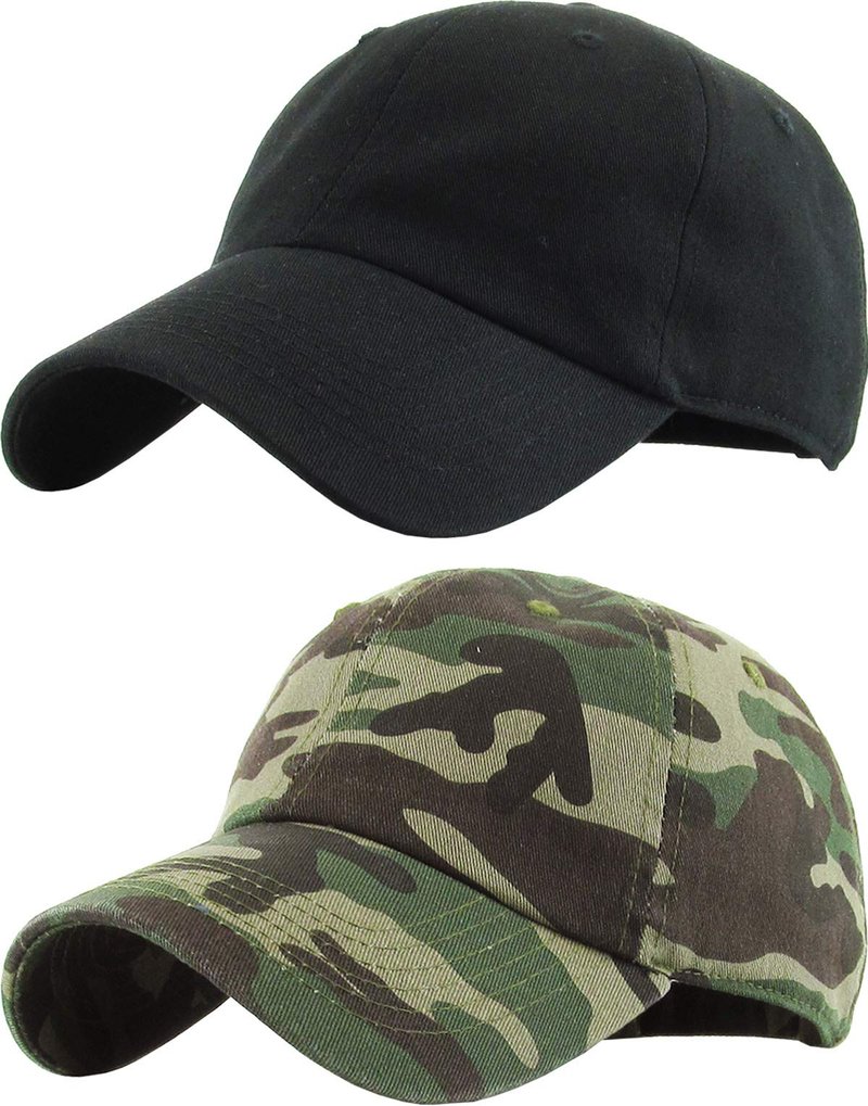 KBETHOS Classic Cotton Dad Hat Bundle Adjustable Unconstructed Plain Cap (One Size, Black + Camo (2 Pack))