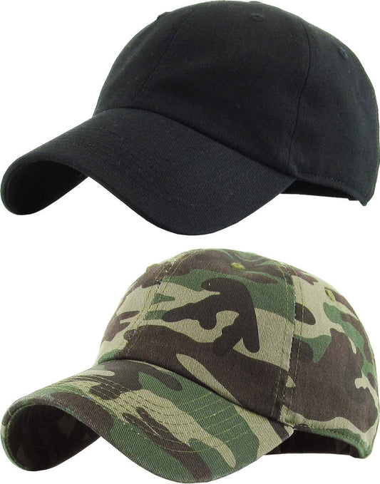 KBETHOS Classic Cotton Dad Hat Bundle Adjustable Unconstructed Plain Cap (One Size, Black + Camo (2 Pack))