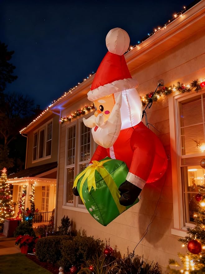 3.5FT Window Inflatble Decor- Christmas Santa Claus with Green Gift Box - LED Lighted Blow-Up Outdoor Yard Decoration for Lawn, Garden, Window Xmas Decor