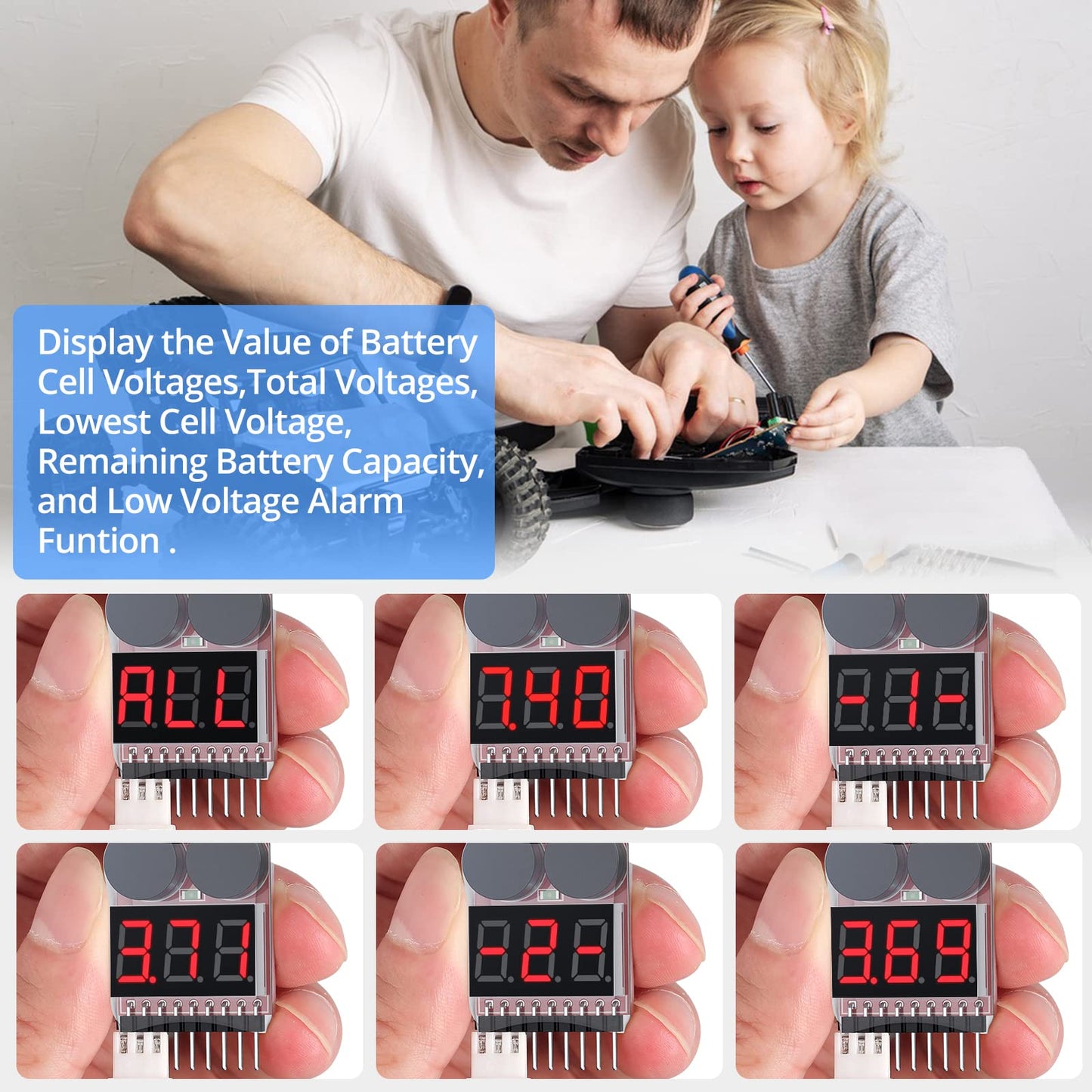 CAMWAY 5PCS 2in1 1-8s Lipo Battery Voltage Tester,RC Low Voltage Buzzer Alarm,Battery Monitor Checker Tester for 1-8s Lipo/Li-ion/LiMn/Li-Fe