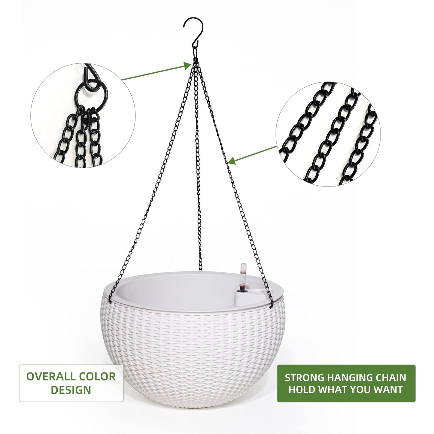Dexceder 13.5 Inch Large Self Watering Hanging Planters Indoor Outdoor, Thickened Hanging Basket Flower Plant Pot with Water Level Indicator (White)
