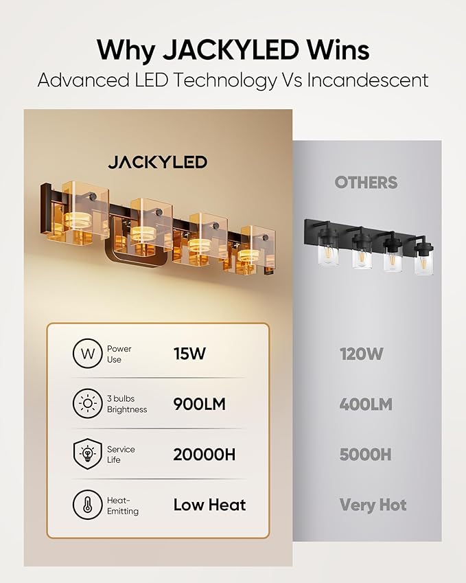 JACKYLED Bathroom Light Fixture, Modern 4-Light Vanity Lights with Art Glass Shades, 3 Color Temperatures LED Bathroom Lighting Fixture Over Mirror, 20W 1200 Lumen 30° Adjustable, Amber Glass