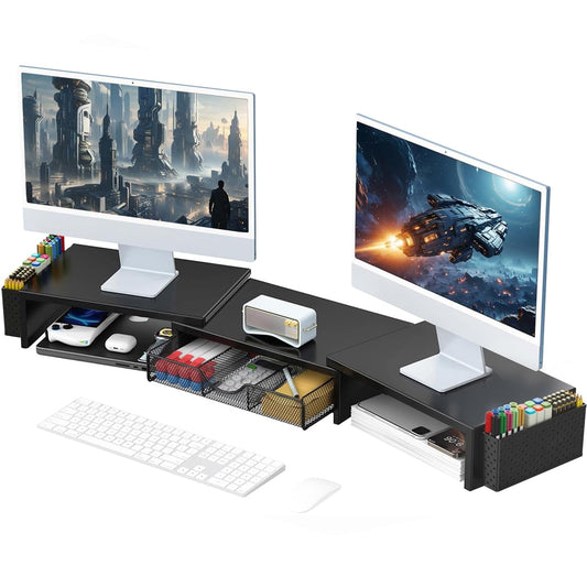 gianotter Dual Monitor Stand Riser, Desk Organizer With Drawer and 2 Pen Holders, Computer Monitor Stand, Desk Shelf for Top of Desk, Balck