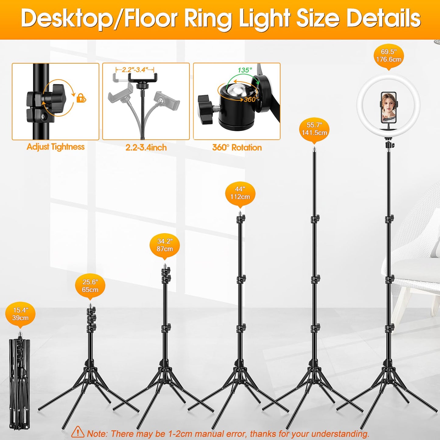 11.5'' Ring Light with Tripod Stand & Phone Holder Tall, GerTong LED Professional Selfie Circle Ringlight with Remote for Makeup YouTube, Floor/Desk USB Halo Lamp with 40 RGB Modes 13 Brightness