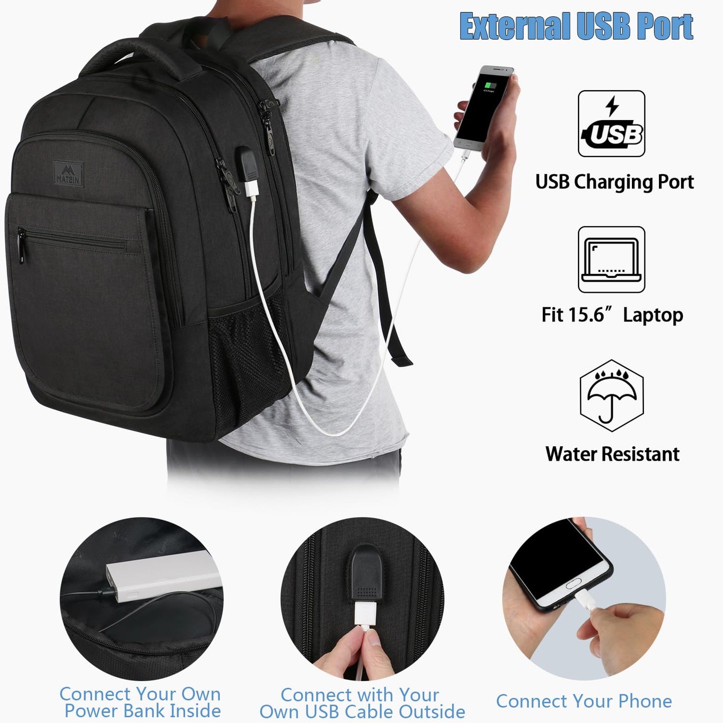 MATEIN Large Travel Backpack, TSA Expandable Laptop Backpack with USB Charging Port, Anti Theft Computer Bag Fit 17.3 Inch Laptop Water Resistant School Rucksack College Gift for Men Women, Black