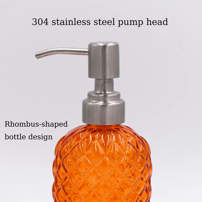SDlumeiy 16 oz Diamond Pattern Glass Soap Dispenser, Kitchen and Bathroom Refillable Soap Dispenser with Rust Resistant Stainless Steel Pump for Hand Soap, Lotion Glass Liquid Dispenser (Orange)