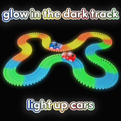 Create-A-Track Car Track Set - Race Track Toy With 220 Track Pieces & 2 Light Up Cars - Glow Tracks Racing Set For Boys or Girls