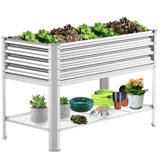 COATTOA Raised Garden Bed with Legs, Galvanized Raised Planter Box with Storage Shelf and Drainage Holes, 48×24×32 Inch Large Metal Garden Bed Kit for Balcony, Backyard, Patio Lasts for Years of Use.