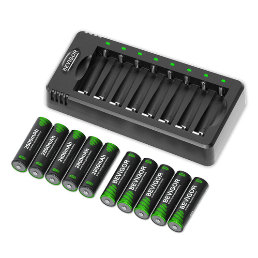 BEVIGOR Rechargeable AA Batteries with Charger, 10 Pack 2800mAh High Capacity Ni-MH Double A Batteries with Smart 8 Bay Smart Battery Charger, USB Fast Charging