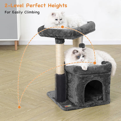 Innsfurr Small Cat Tree for Indoor Cats, Cat Tower with Scratching Posts for Multiple Cats, Plush Cozy Perch, Cat Massage Brush, Activity Hanging Pompoms, Dark Grey