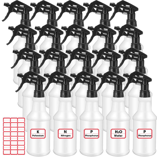 Gerrii 24 Pcs 24oz Plastic Spray Bottle Bulk, Empty Refillable Squirt Bottles for Cleaning Solution, Leak Proof Water Spray Bottle with Adjustable Nozzle and Sticker Commercial Supplies (Black)