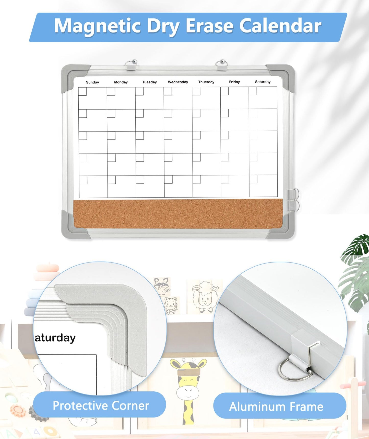 Dry Erase Calendar & Cork Board, 16" x 12" Double-Sided Whiteboard Calendar Cork Board Combo for Wall, Hanging Monthly Calendar Board with Markers, Magnets Pins, Eraser