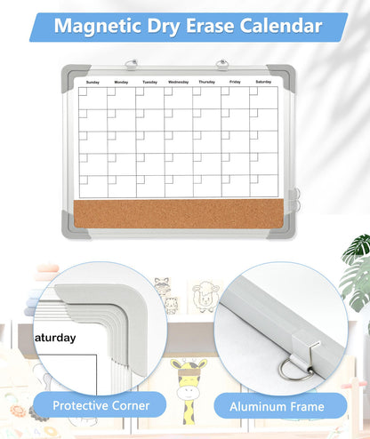 Dry Erase Calendar & Cork Board, 16" x 12" Double-Sided Whiteboard Calendar Cork Board Combo for Wall, Hanging Monthly Calendar Board with Markers, Magnets Pins, Eraser