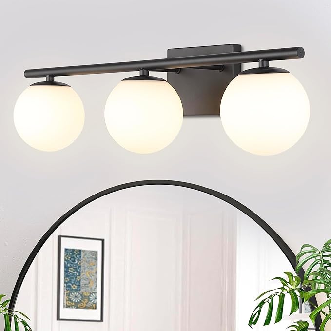 New Bathroom Vanity Light Fixtures Brushed Bronze Milk White Globe Glass Shade Modern Wall Bar Sconce Over Mirror (Black, 3 light-24inch-G9)