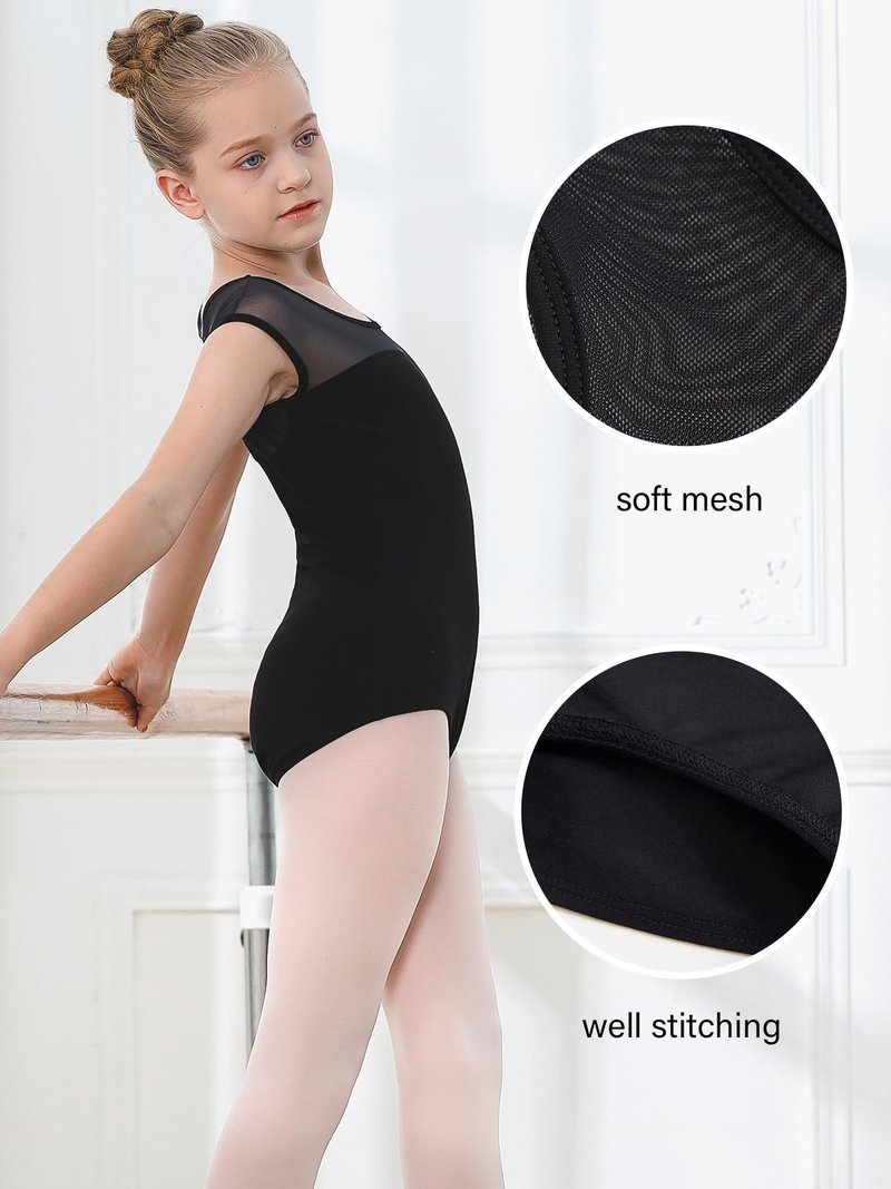 Stelle Black Leotards for Girls Ballet Dance Leotard Mesh Short Sleeve Gymnastics Outfits(Black,90)