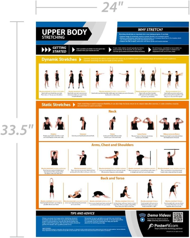 Upper Body Stretching Gym Poster - Dynamic & Static Stretches - Extra Large 33” x 23.5” - Laminated | Includes Online Video Training Support