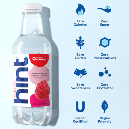 Hint Fruit-Infused Bottled Water, Raspberry - Sugar Free Flavored Water with Zero Calories, Naturally Flavored, and No Artificial Sweeteners - 16 Fl Oz (Pack of 12)