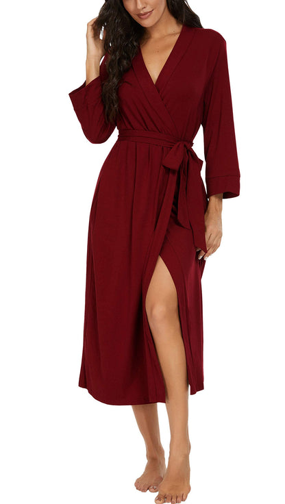 PrinStory Women Kimono Robes Long Knit Bathrobe Soft Womens Dressing Gowns V-Neck Sleepwear Casual Ladies Loungewear (Wine Red, L)