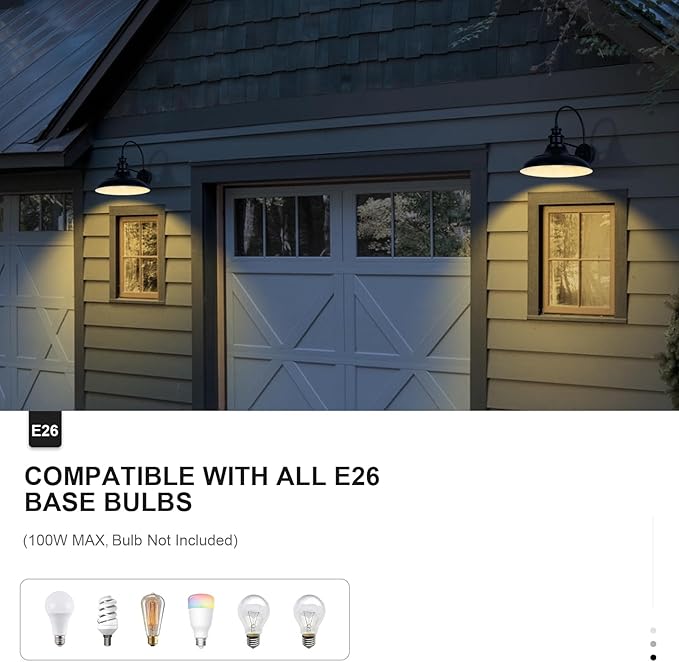 Dusk to Dawn Sensor Outdoor Barn Light Fixture, 16 Inch Dome Farmhouse Outdoor Wall Sconce, Rustic Gooseneck Exterior Wall Mount Light, Industrial Black White Wall Lantern for Porch, 1 Pack