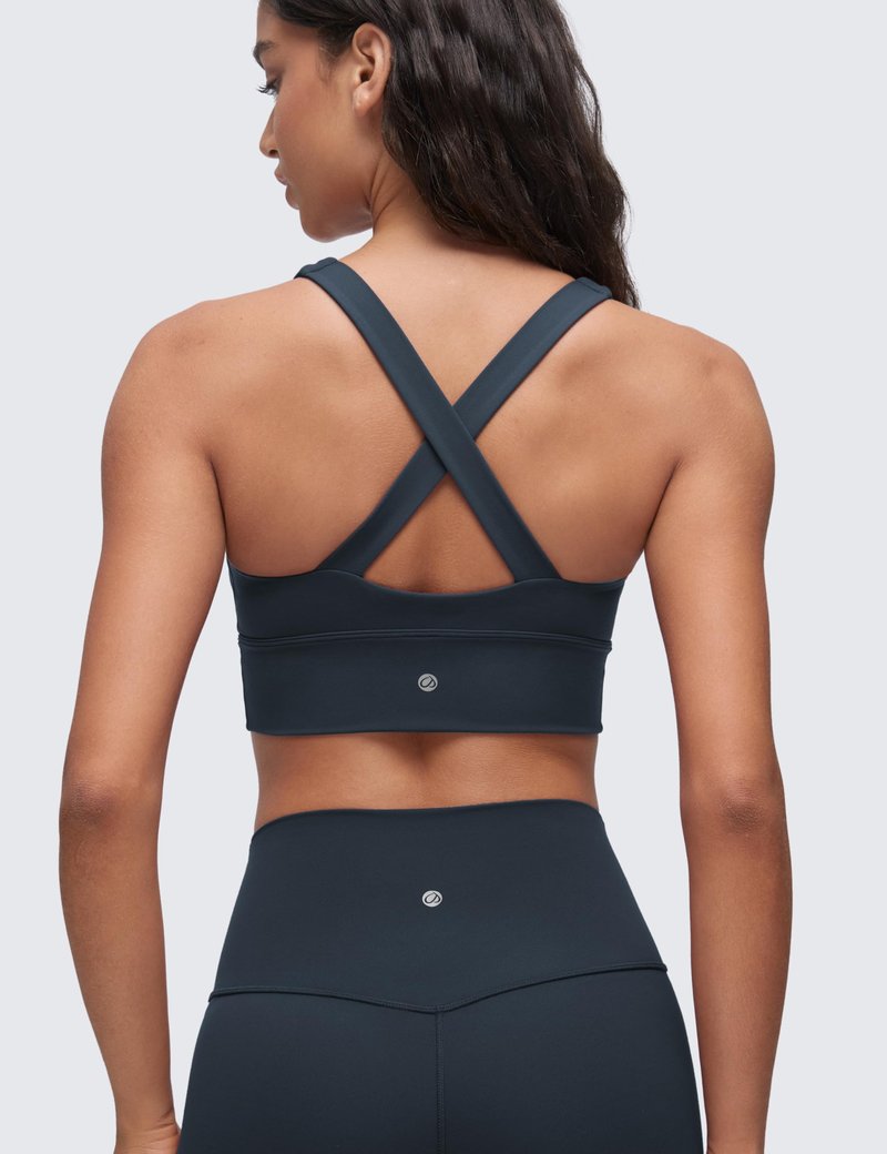 CRZ YOGA Butterluxe Ruched Longline Sports Bras for Women - V Neck Padded Yoga Tank Wide Straps Cross Back Crop Tops True Navy Small