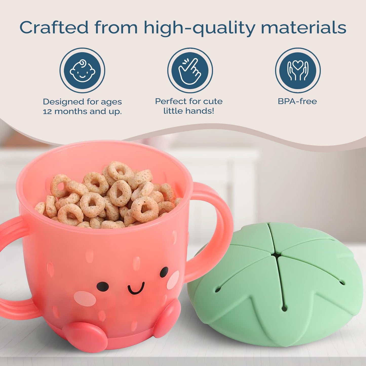 Itzy Ritzy Toddler Snack Cup - Spill-Proof Snack Cup for Toddlers with Soft Silicone Lid for Easy Food Access - Easy-To-Hold Kids Snacks Container With Handles - Ideal for 12 months & Up (Strawberry)