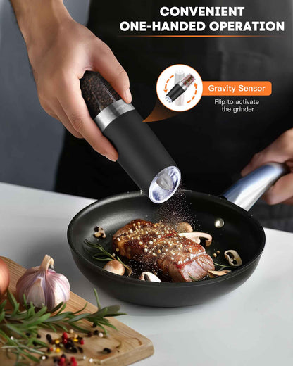 AmuseWit Gravity Electric Salt and Pepper Grinder Set of 2 [White Light] Battery Operated Automatic Pepper and Salt Mills with Light,Adjustable Coarseness,One Handed Operation,Black